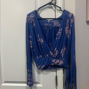 Free People Blue and Pink Floral Wrap Blouse